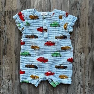 Baby Angel Dear Spearmint Cars Short Sleeve Romper Snaps Blue 3-6 Months Muslin